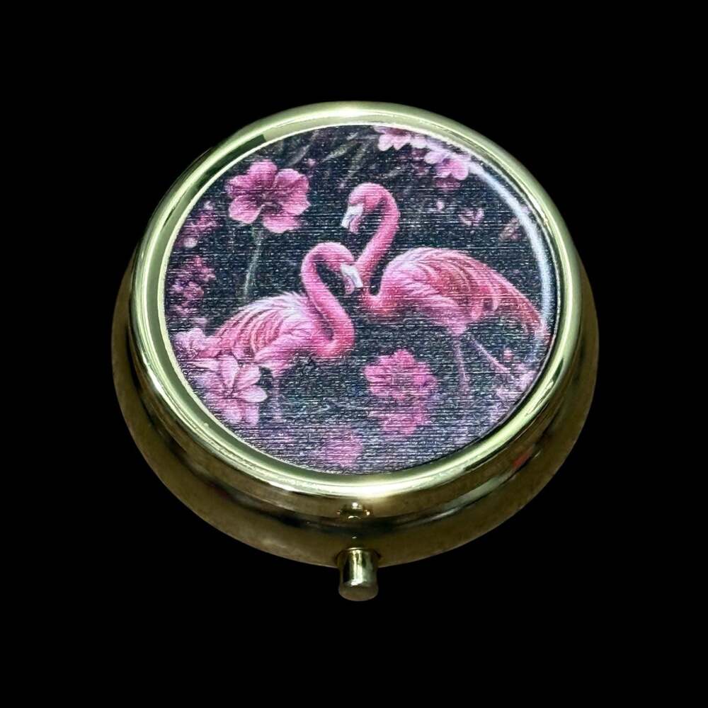 Cute Flamingo Portable Round Metal Pill Organizer Case